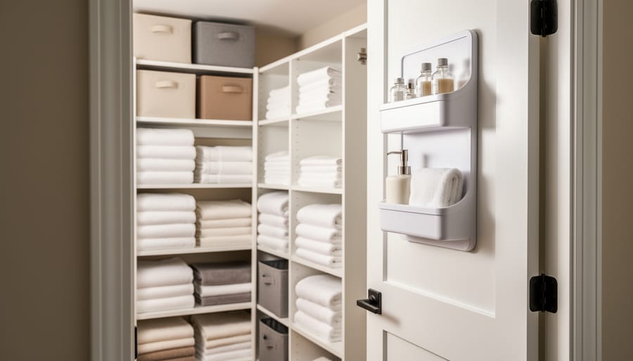 Neatly organized small linen closet with folded towels and sheets in vertical shelves, shelf dividers, stackable bins, and a door-mounted rack.