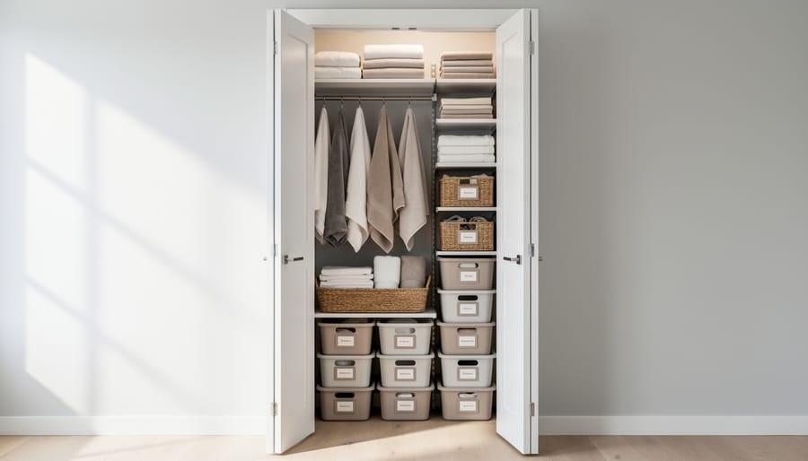 Space-saving linen closet accessories including shelf risers, tension rod, and stackable bins arranged neatly.