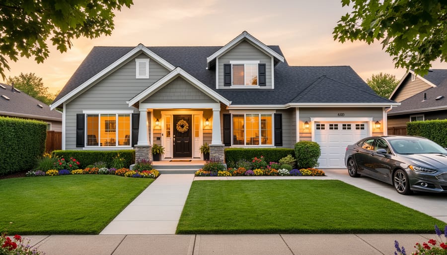 Bright, tidy front entrance with trimmed landscaping and an illuminated outdoor light fixture.