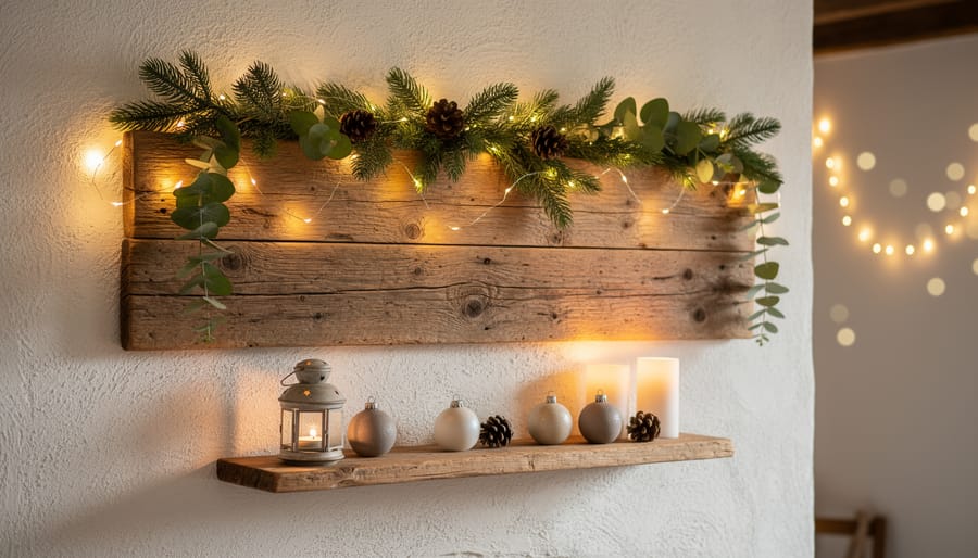 Vintage-inspired wooden wall hanging with warm LED string lights in a cozy French country living room