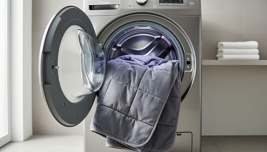Weighted blanket in a large washing machine during safe home washing, highlighting quilted pockets and intact seams.