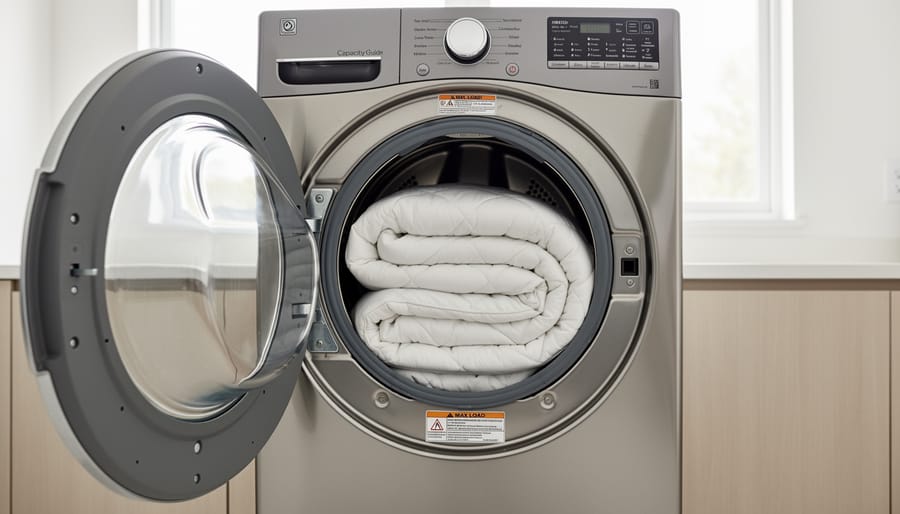 Weighted blanket placed inside a large front-load washing machine drum with the door open