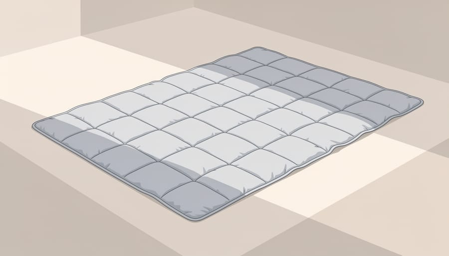 Dried weighted blanket on a bed with dryer balls nearby in warm natural sunlight