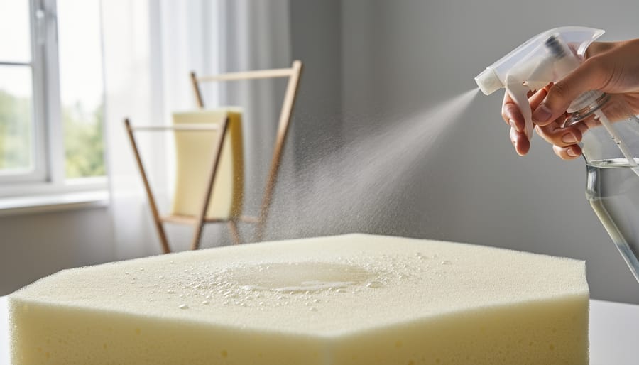 Fine mist from a spray bottle lightly coats a foam mattress cover
