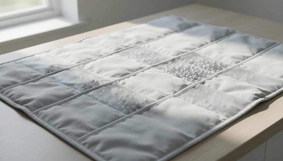 Weighted blanket air-drying flat on a drying rack indoors