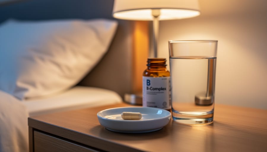 Person holding a B-complex supplement capsule with a glass of water in a quiet bedroom at night.