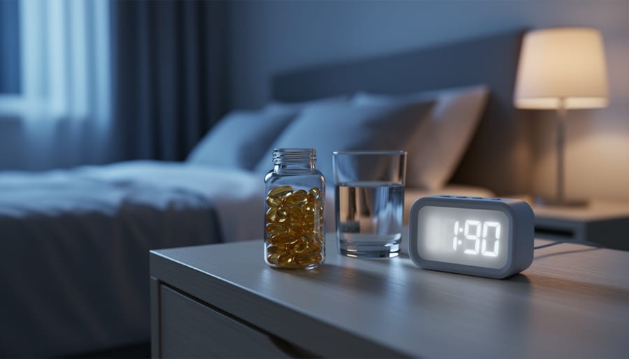 B-complex vitamin bottle and a glass of water on a bedside table in a softly lit bedroom at night.