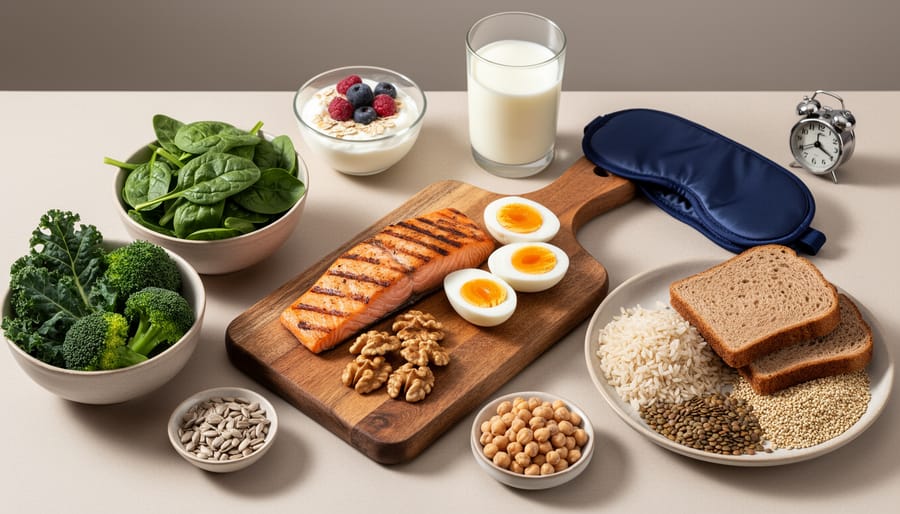 Assortment of B-rich foods like leafy greens, lentils, eggs, mushrooms, and whole grains on a wooden table.