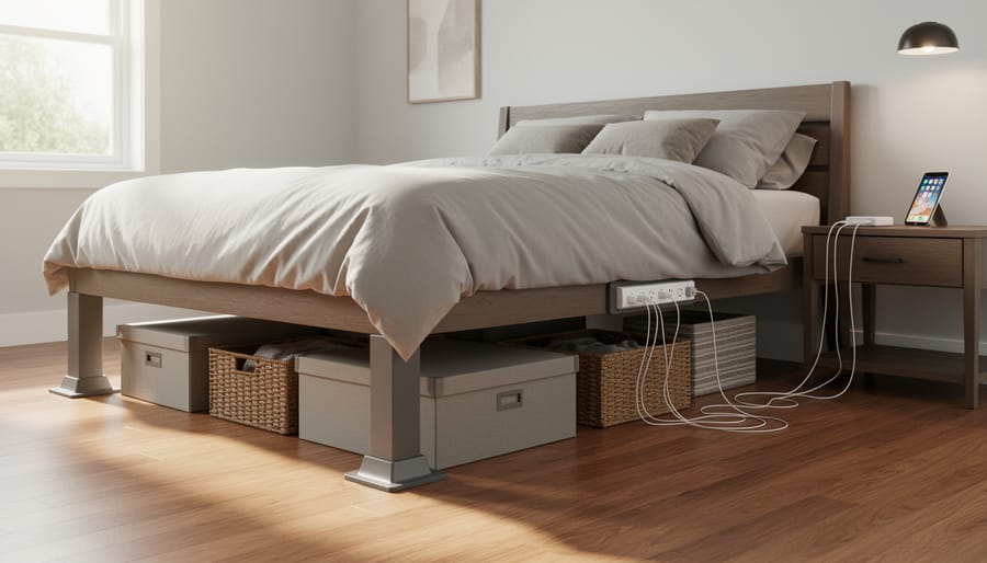 Dorm bed raised on risers showing built-in USB ports and power outlets beneath the frame.