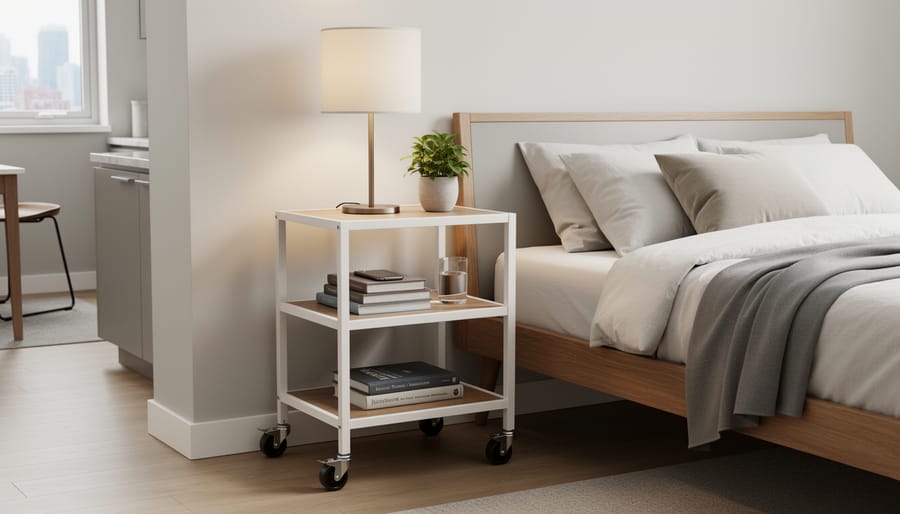 Small rolling cart beside a bed holding bedside essentials like books, glasses, charging cable, and water.