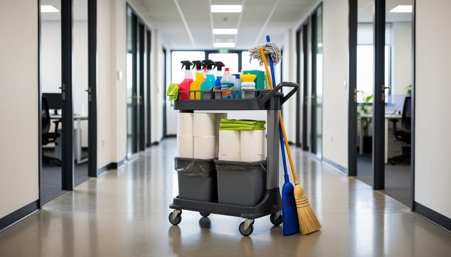 Rolling cleaning cart with microfiber cloths, spray bottles, brush, and gloves traveling through a hallway.