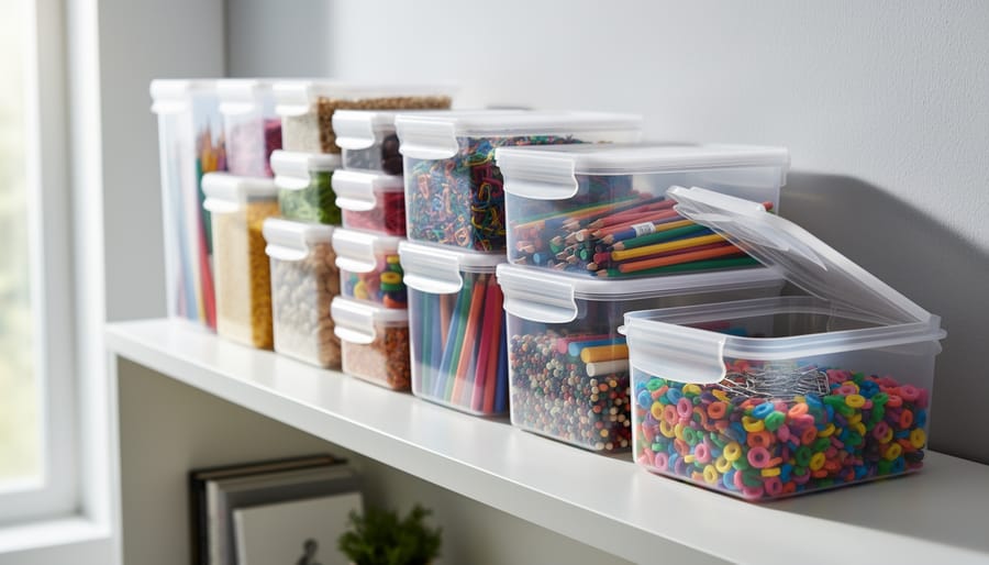 Clear under-bed storage containers with snap lids stacked beneath a dorm bed.