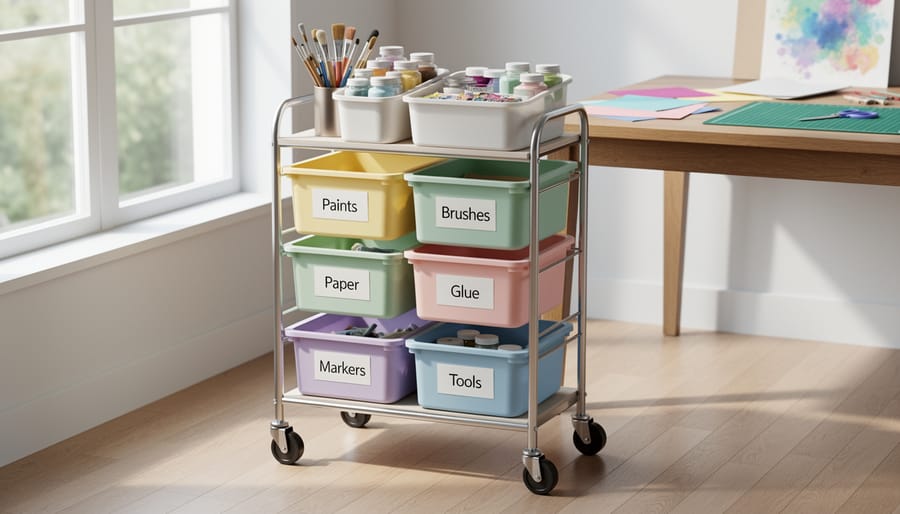 Rolling craft supply cart with organized bins for yarn, paper, and crafting tools in a cozy creative workspace.