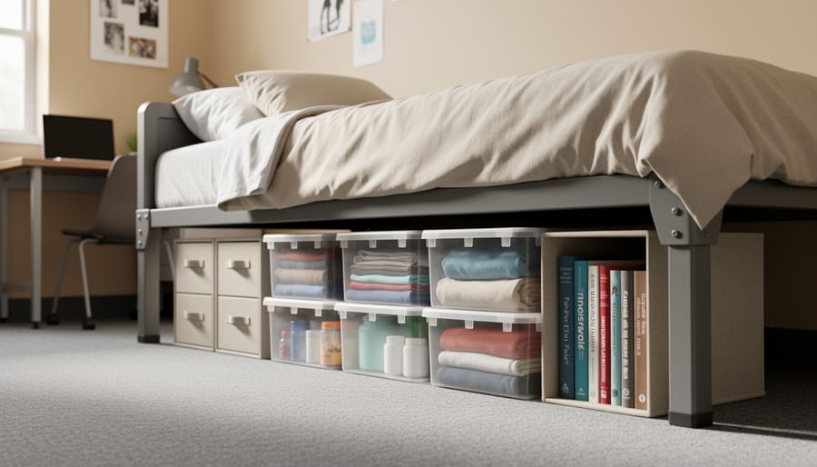 Elevated dorm bed showing organized under-bed rolling bins, fabric drawers, and stacked textbooks in clear containers.