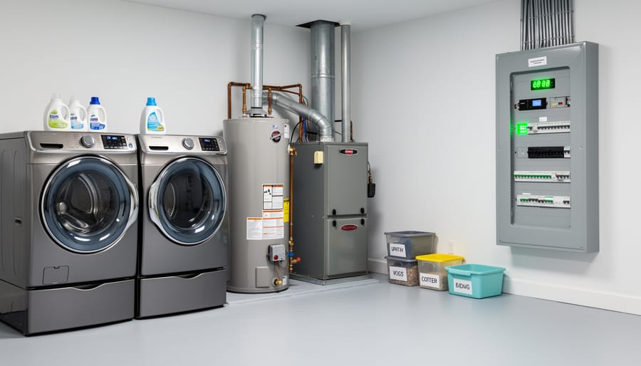 Refrigerator and washing machine in a clean utility room, suggesting stable operation and appliance efficiency