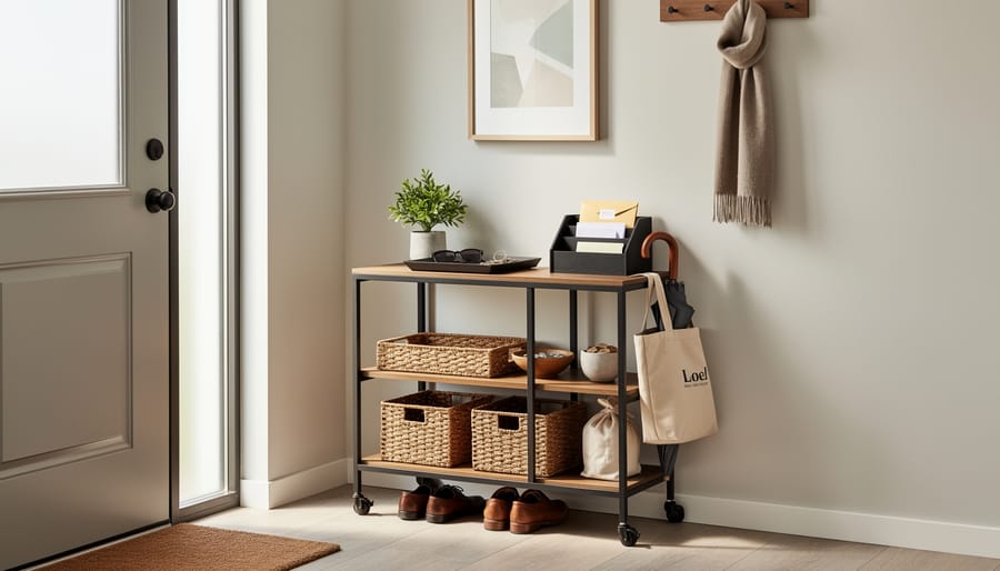 Rolling cart near the front door holding keys, mail, a tote bag, a dog leash, and seasonal accessories.