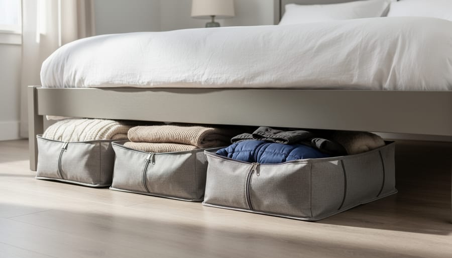 Fabric under-bed storage bags with zippers partially pulled from beneath a dorm bed.