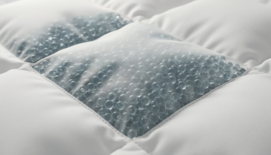 Glass beads visible inside a weighted blanket’s quilted pockets on a bed