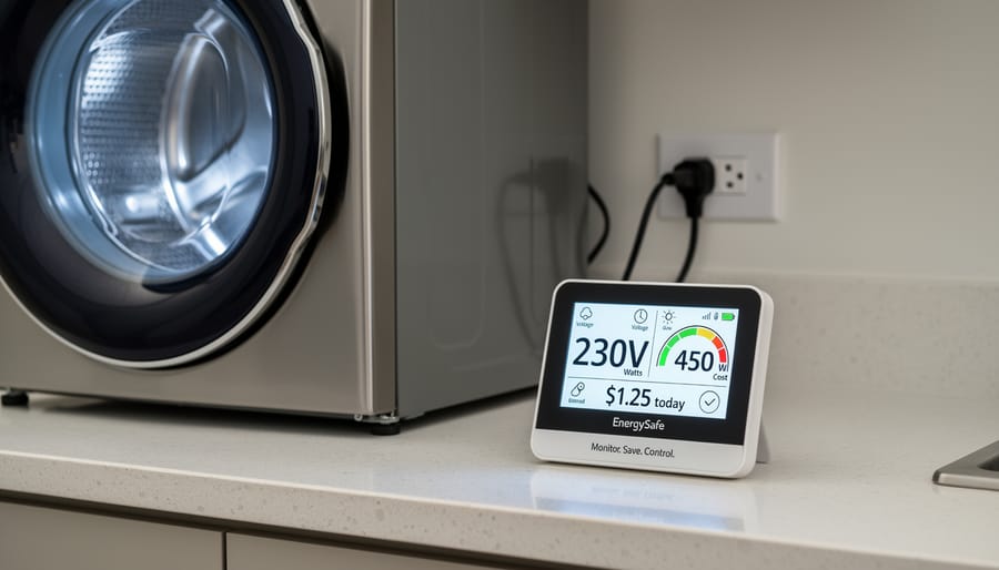 Energy monitor plugged into a wall outlet next to a running air conditioning vent in a home
