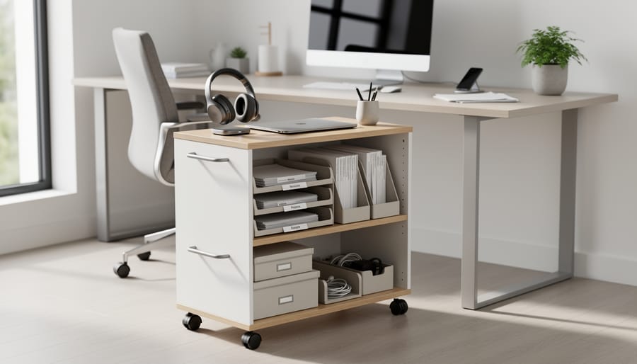 Rolling storage cart beside a home office desk with organized paper trays, pens, folders, and cables.