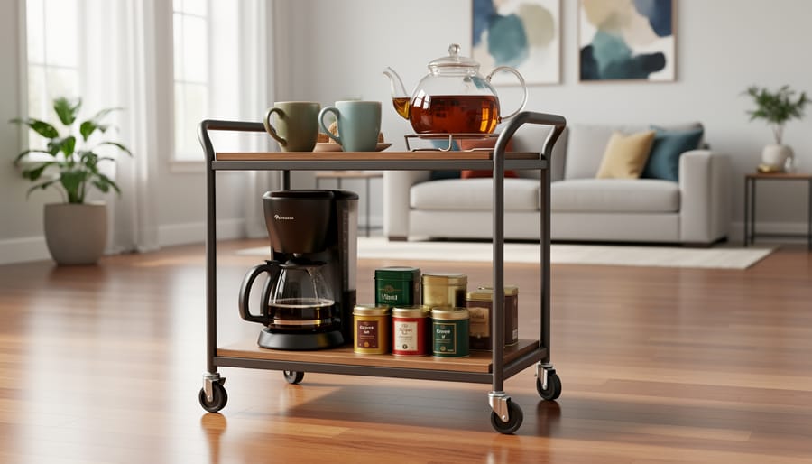 Small rolling cart coffee and tea station with coffee maker, mugs, tea, and filters in a bright kitchen corner.