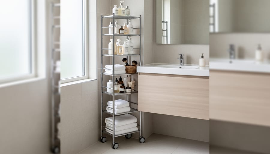 Narrow rolling storage cart in a small bathroom between the toilet and sink holding towels and toiletries.