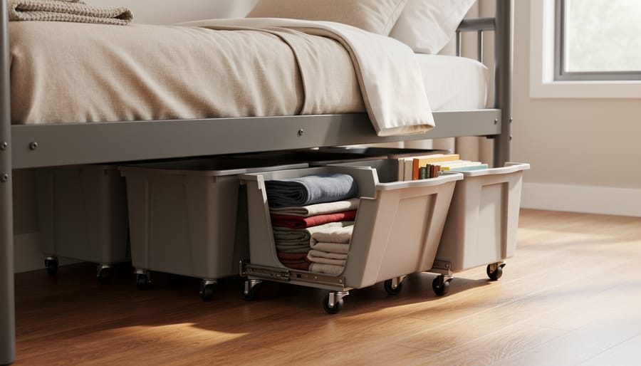 Rolling plastic under-bed storage bins with wheels partially pulled out from beneath a dorm bed.