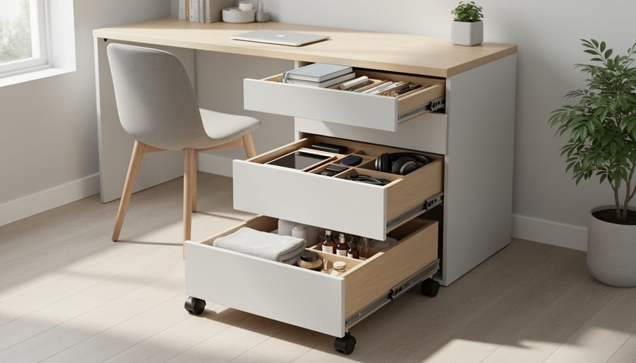 Slim rolling under-bed drawer unit with casters positioned beneath a dorm bed.