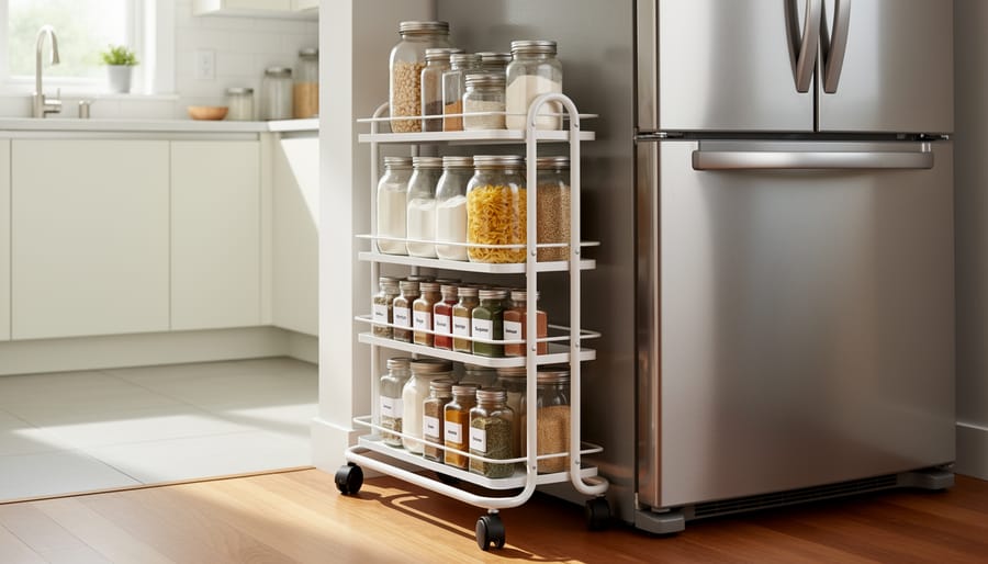 Slim rolling storage cart beside a refrigerator holding neatly arranged pantry items and spice jars in a narrow kitchen space.