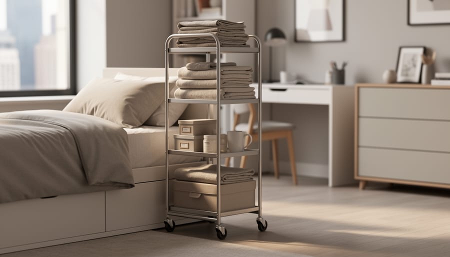 A narrow rolling storage cart organized with bins and folded items next to a compact bed in a cozy studio apartment.