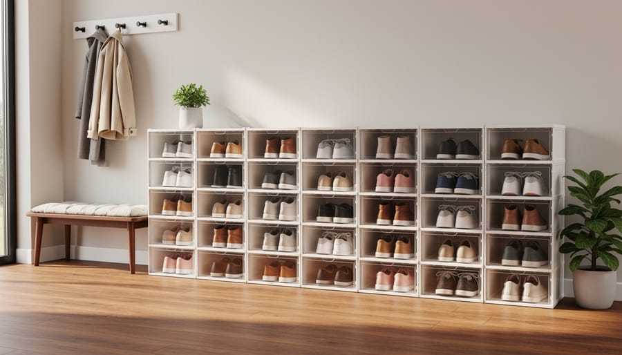 Under-bed shoe organizer with compartments holding neatly stored shoes.