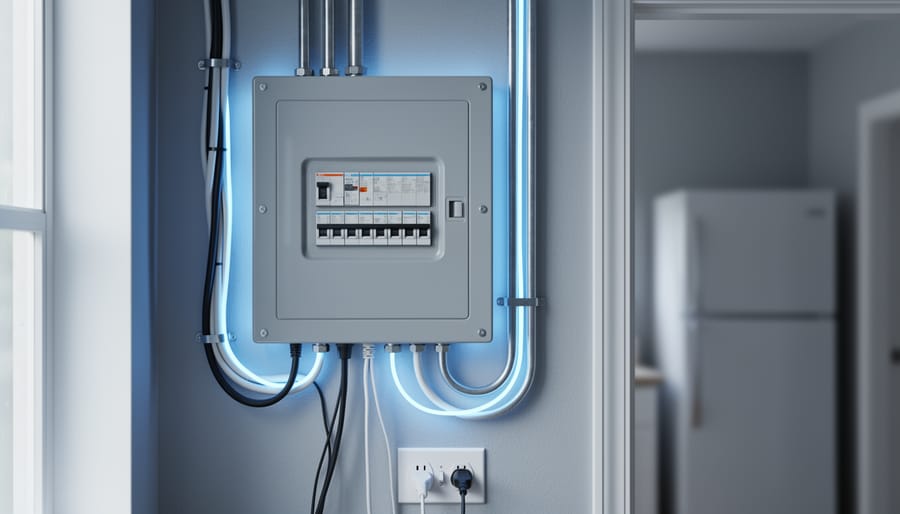 Close-up of a home electrical panel and outlet with subtle blue glow along the power cables suggesting voltage affecting appliance energy use.