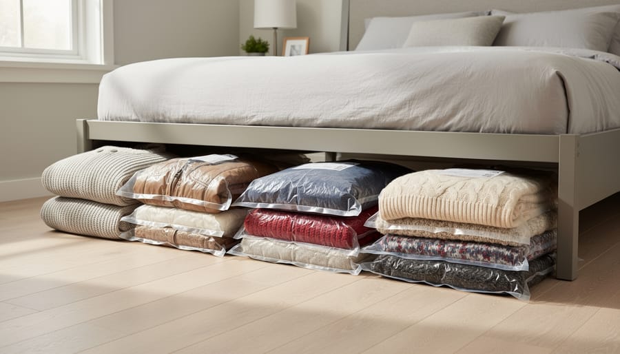 Compressed vacuum-sealed storage bags stacked under a dorm bed.