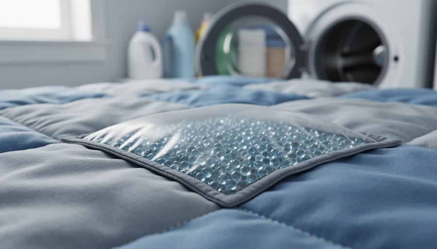 Close-up of a weighted blanket showing glass beads inside a quilted pocket and the stitched seam structure.