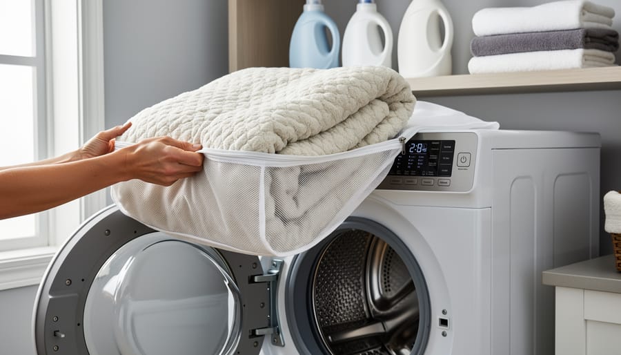 Weighted blanket inside a mesh laundry bag in an open large-capacity washing machine
