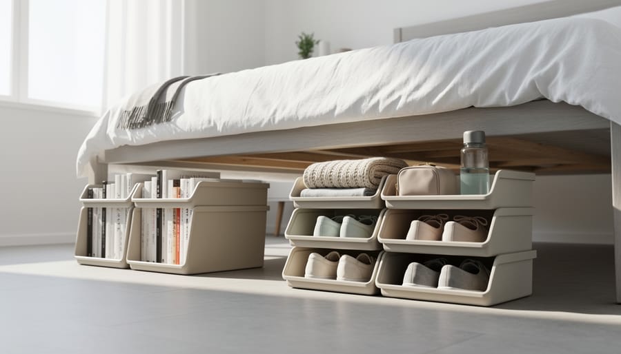 Stacked wooden crate storage pieces arranged under a dorm bed.